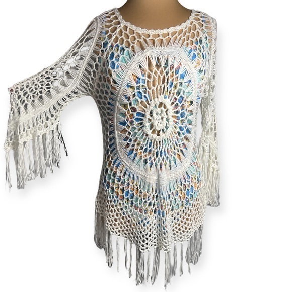 CUPSHE White Crochet swim cover up boho Tassel Three Quarter Sleeve size S - Picture 5 of 9